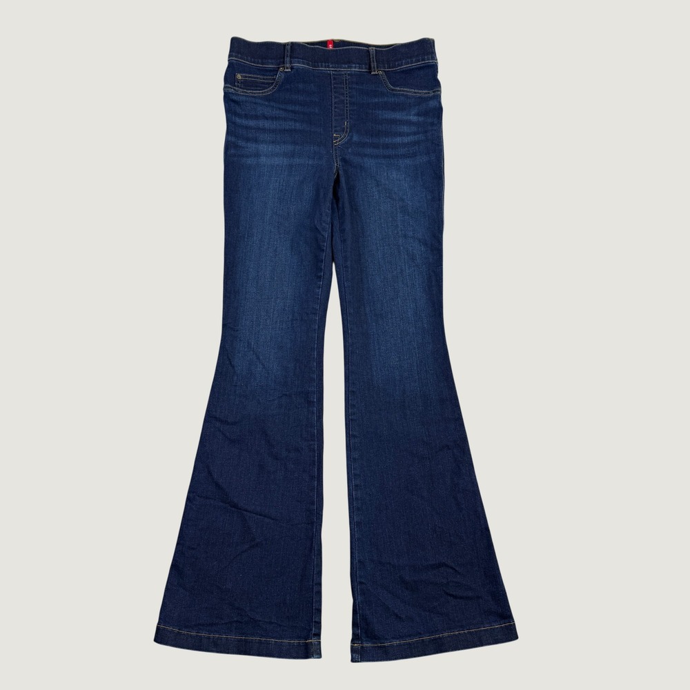 SPANX Flare Jeans Women Large Blue Dark Wash High Rise Pull On Stretch Denim‎